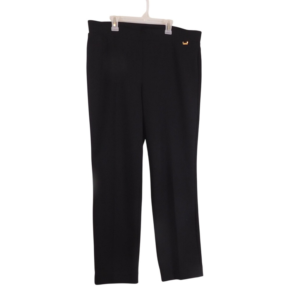Anne Klein Womens Black Pull On Straight Leg Dress Pants Gold Logo Size L